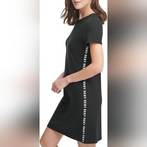 DKNY Women's Side Logo Tape T-Shirt Dress Size Petite Small Black White Crewneck